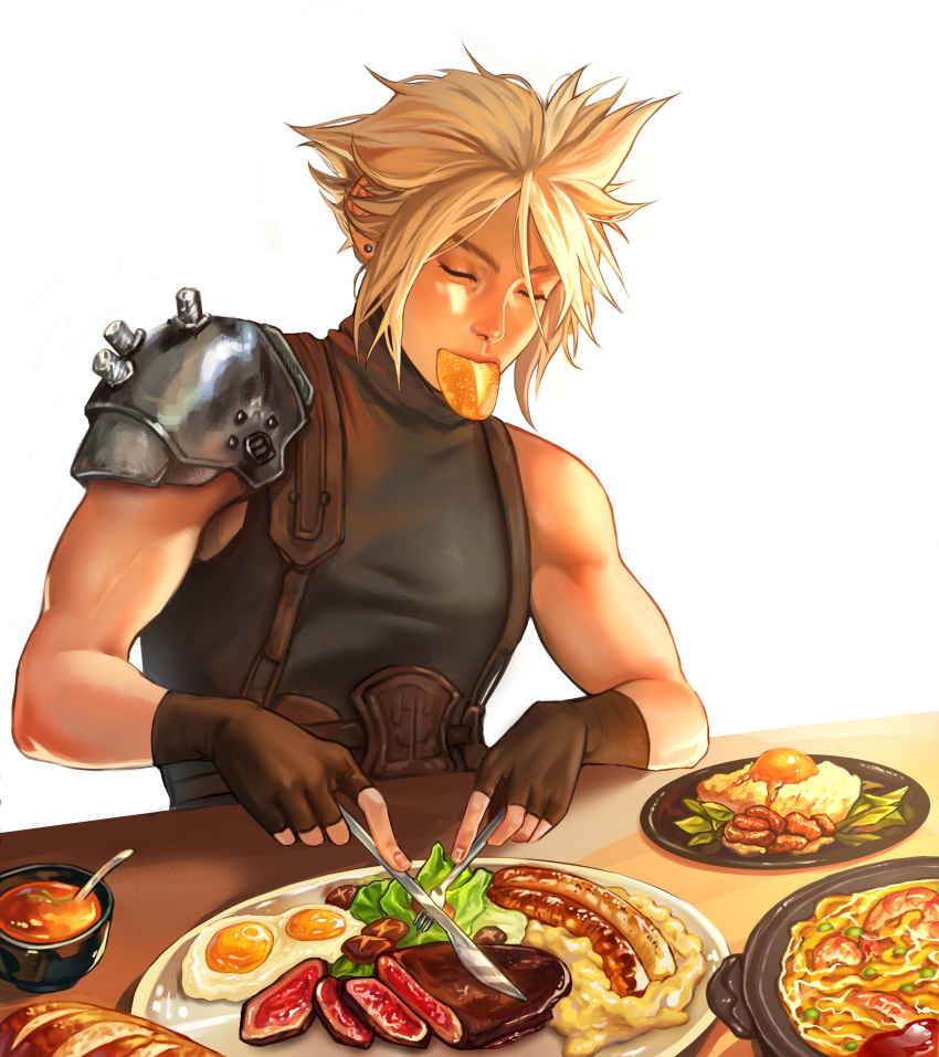 1boy absurdres armor blonde_hair bread brown_gloves closed_eyes cloud_strife couchrat earrings eating egg final_fantasy final_fantasy_vii fingerless_gloves food food_in_mouth fork gloves hair_between_eyes highres holding holding_fork holding_knife jewelry knife male_focus muscular muscular_male plate salad sausage short_hair shoulder_armor single_bare_shoulder single_earring sitting sleeveless sleeveless_turtleneck solo soup spiky_hair spoon steak table turtleneck upper_body white_background