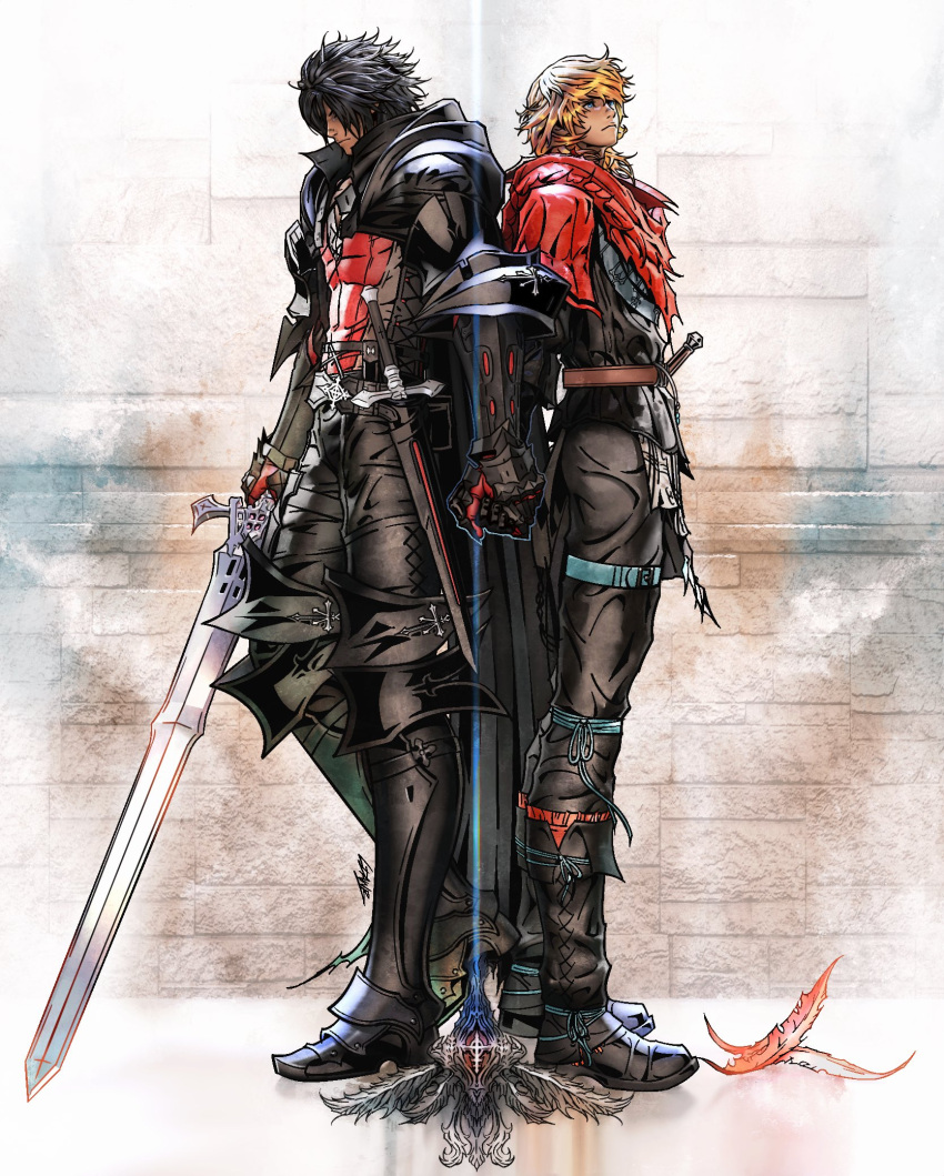 2boys back-to-back black_footwear black_gloves black_hair black_hood black_pants blonde_hair boots brick_wall brothers clive_rosfield closed_eyes final_fantasy final_fantasy_xvi full_body gloves highres holding holding_hands holding_sword holding_weapon hood hood_down joshua_rosfield ldawb looking_up male_focus medium_hair messy_hair multiple_boys pants siblings standing sword thigh_strap weapon