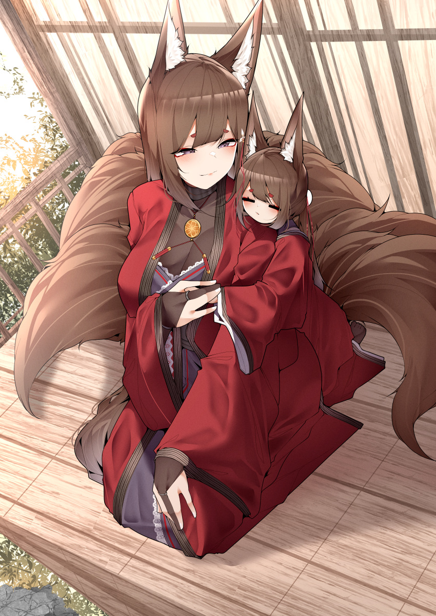 2girls absurdres amagi-chan_(azur_lane) amagi_(azur_lane) animal_ears azur_lane blush breasts brown_hair day eyeshadow facing_viewer fox_ears fox_girl fox_tail from_above full_body hair_between_eyes hand_on_own_knee hand_up highres holding_hands hug hug_from_behind japanese_clothes jewelry kimono kitsune kneeling large_breasts leaning_on_person long_hair looking_at_another looking_back makeup multiple_girls multiple_tails outdoors pendant red_eyeshadow red_kimono sakura_empire_(emblem) samip sleeping sleeping_on_person slit_pupils smile tail very_long_hair violet_eyes wide_sleeves