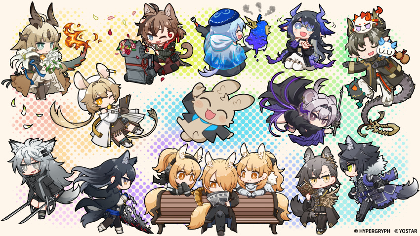 :d absurdres amiya_(arknights) animal_ears arknights bad_food bench beret black_footwear black_gloves black_hair black_pants blemishine_(arknights) blonde_hair blue_eyes blue_hair blue_headwear brown_hair character_doll chong_yue_(arknights) clipboard covering_mouth dog-san dorothy_(arknights) dragon_bubble_(arknights) dragon_horns dragon_tail dress dusk_(arknights) earrings flame-tipped_tail flaming_sword flaming_weapon flower fork gloves green_eyes grey_eyes grey_hair hair_ornament hairpin hand_on_own_head hat headset highmore_(arknights) highres hood hooded_jacket horns horse_ears horse_tail implied_extra_ears jacket jewelry lappland_(arknights) lin_(arknights) ling_(arknights) mizuki_(arknights) mlynar_(arknights) mouse_ears mouse_tail multicolored_clothes multicolored_hair multicolored_jacket nearl_(arknights) newspaper nian_(arknights) official_art official_wallpaper one_eye_closed orange_eyes pants patterned penance_(arknights) pink_eyes plate purple_ribbon red_ribbon reed_(arknights) reed_the_flame_shadow_(arknights) ribbon sitting_on_bench smile smoke stainless_(arknights) standing standing_on_one_leg stop_(gesture) sword tail texas_(arknights) texas_the_omertosa_(arknights) vigil_(arknights) weapon white_dress white_footwear white_hair wolf_ears wolf_tail yellow_eyes