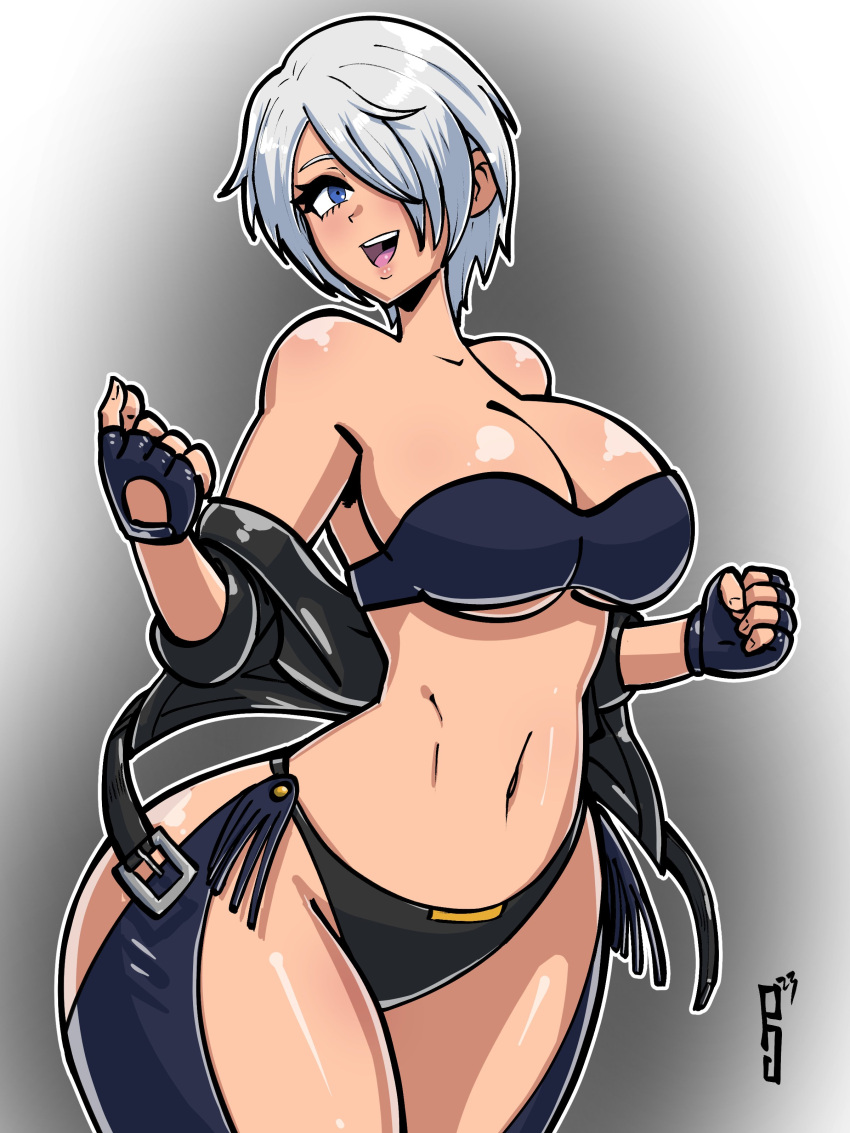 1girl absurdres angel_(kof) commission crop_top cropped_jacket fingerless_gloves gloves hair_over_one_eye highres jacket leather leather_jacket midriff terrybrogard the_king_of_fighters the_king_of_fighters_xv white_hair