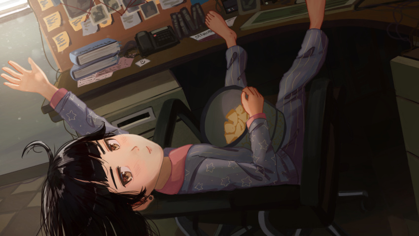 1girl ahoge arm_up black_hair blue_pajamas blunt_bangs blush book brown_eyes bucket bulletin_board cable chair chair_tipping checkered_floor chips_(food) clip_studio_paint_(medium) closed_mouth commentary computer desk drawer dutch_angle feet_on_table food from_behind full_body holding holding_bucket indoors ira_(servachok) jitome keyboard_(computer) leaning_back light_smile long_hair long_sleeves looking_back messy_hair office office_chair original pajamas paper phone photo_(object) russian_commentary servachok smile solo star_(symbol) star_print sticky_note string swivel_chair tile_floor tiles vertical-striped_pajamas