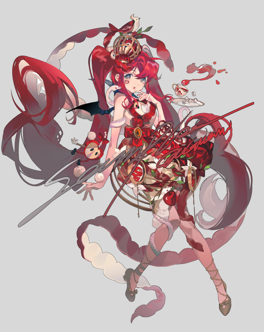 1girl animal apple bare_legs bare_shoulders bird black_wings blue_eyes crown cup finger_to_mouth food fruit gillannn grey_background hair_between_eyes hair_ornament highres leaf long_hair looking_at_viewer open_mouth original parted_bangs plate red_ribbon redhead ribbon sidelocks simple_background sleeveless snake solo sugar_cube tea teacup twintails very_long_hair white_snake wings