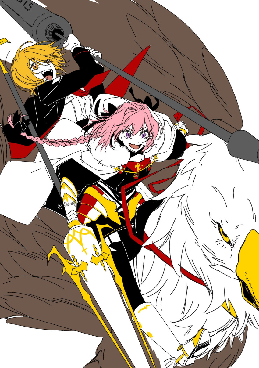 1boy 1girl absurdres armor astolfo_(fate) blonde_hair bow braid cape coat copyright_request don_quixote_(limbus_company) fate/grand_order fate_(series) fur_collar griffin hair_bow highres holding holding_polearm holding_weapon lance limbus_company meema_(m33m4) necktie pink_hair polearm project_moon red_necktie shirt single_braid weapon white_shirt yellow_eyes