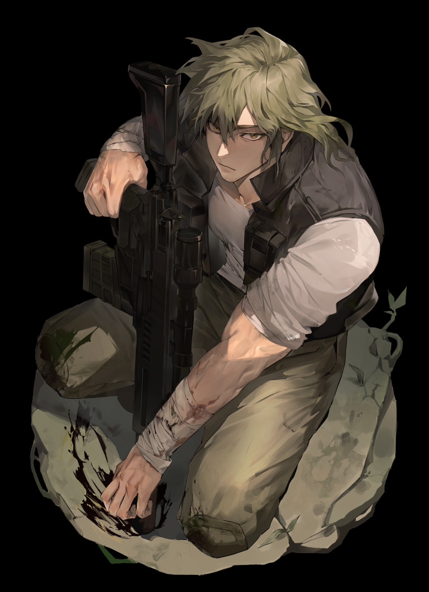 1boy absurdres bandaged_arm bandages black_background black_vest boony2789 brown_eyes dried_blood facial_hair full_body gun hair_between_eyes highres holding holding_gun holding_weapon knee_pads long_hair looking_at_viewer male_focus original pocket shirt short_sleeves solo squatting stubble vest weapon white_shirt