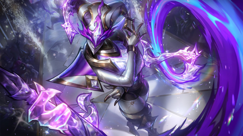 6+boys clothing_request detached_arm gloves glowing glowing_eyes green_eyes grin hands_up hat highres hood hood_up jacket jester_cap league_of_legends looking_at_viewer magic mask multiple_boys official_art prestige_soul_fighter_shaco purple_headwear shaco sharp_teeth smile solo_focus soul_fighter_shaco standing teeth white_gloves white_headwear white_jacket