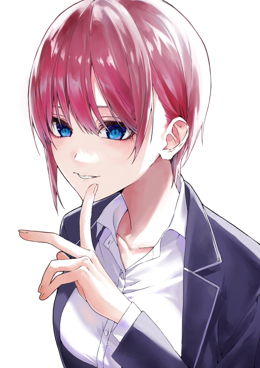 1girl asymmetrical_hair blazer blue_eyes blue_jacket breasts collarbone collared_shirt commentary_request dress_shirt finger_to_own_chin go-toubun_no_hanayome hair_behind_ear hair_between_eyes hanezu_(hanezu_i) highres jacket long_sleeves looking_at_viewer medium_breasts nakano_ichika open_clothes open_jacket parted_lips pink_hair shirt short_hair simple_background solo upper_body white_background white_shirt