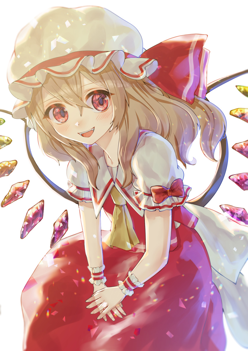 1girl alternate_hairstyle ascot backlighting cowboy_shot crystal fangs flandre_scarlet highres leaning_forward long_hair looking_at_viewer multicolored_wings open_mouth puffy_short_sleeves puffy_sleeves red_eyes red_skirt red_vest rin_(rin7kan7) shirt short_sleeves simple_background skirt skirt_set solo teeth touhou upper_teeth_only vest white_background white_headwear white_shirt wings wrist_cuffs yellow_ascot