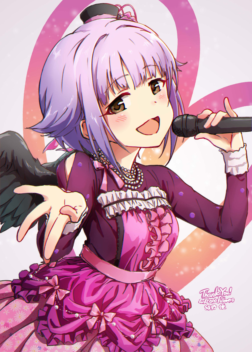 1girl :d absurdres ayano_yuu_(sonma_1426) bead_necklace beads black_headwear black_wings blush brown_eyes center_frills clothing_cutout cowboy_shot dot_nose feathered_wings frilled_shirt frills from_side hat heart heart_background highres holding holding_microphone idolmaster idolmaster_cinderella_girls jewelry koshimizu_sachiko layered_skirt long_bangs looking_at_viewer microphone mini_hat mini_top_hat mini_wings music necklace open_hand open_mouth outstretched_arm pink_skirt purple_hair purple_shirt raised_eyebrows shirt short_hair shoulder_cutout sidelocks singing skirt smile solo thank_you top_hat wings