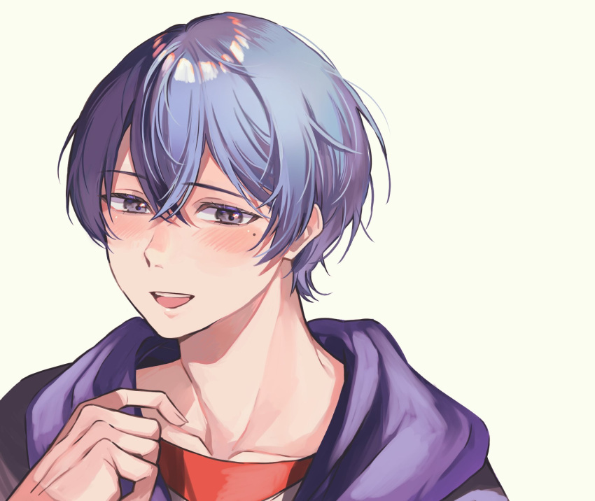 1boy aoyagi_touya blue_hair blush commentary_request dark_blue_hair grey_eyes hand_up highres hood hood_down kinomi_3030 looking_at_viewer male_focus mole mole_under_eye multicolored_hair open_mouth project_sekai purple_hood short_hair simple_background smile solo split-color_hair teeth two-tone_hair upper_body upper_teeth_only yellow_background