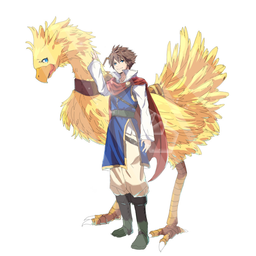 1boy 1other bartz_klauser beak belt belt_buckle bird blue_eyes blue_tunic boots brown_hair buckle chocobo cloak closed_mouth crazy02oekaki final_fantasy final_fantasy_v full_body hair_between_eyes hand_on_another's_neck highres long_sleeves male_focus red_cloak shirt short_hair smile standing talons white_background white_shirt