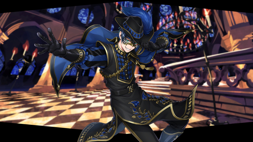 1boy aristocratic_clothes belt black_gloves black_headwear blue_feathers blue_hair dark_blue_hair deuce_spade feathers game_cg gloves green_eyes hat hat_feather highres indoors looking_at_viewer mask masquerade_mask official_alternate_costume official_art short_hair solo twisted_wonderland