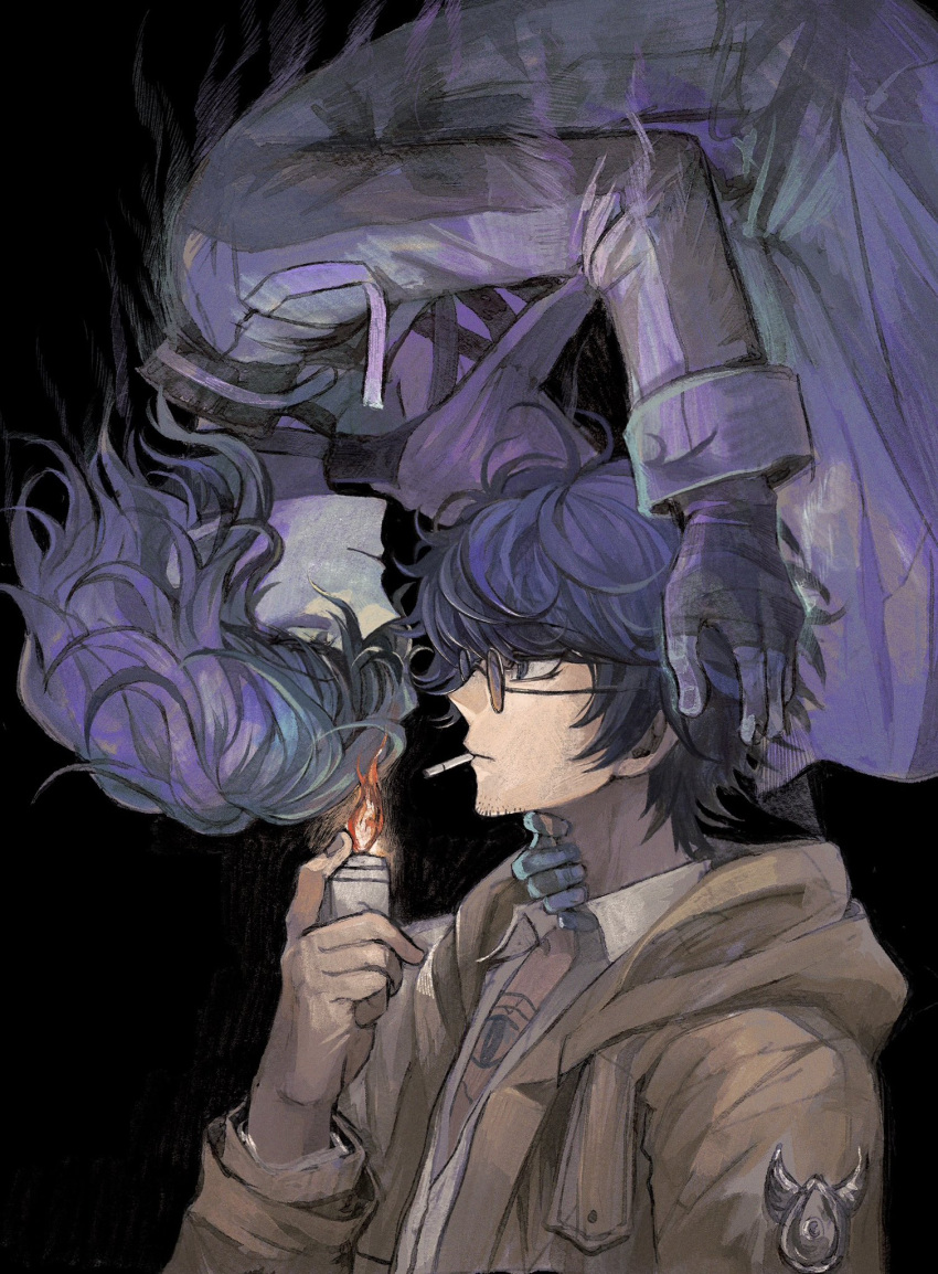 2boys black_background blue_eyes blue_hair cigarette closed_mouth coat collared_shirt commentary_request facial_hair fire floating from_side ghost glasses hand_on_another's_head hashi_(84_rainco) highres holding holding_lighter hood hood_down lighter long_sleeves looking_at_another male_focus master_detective_archives:_rain_code multiple_boys profile round_eyewear shirt short_hair spoilers stubble tinted_eyewear transparent twilight_vivia upper_body upside-down white_shirt yakou_furio yellow_coat