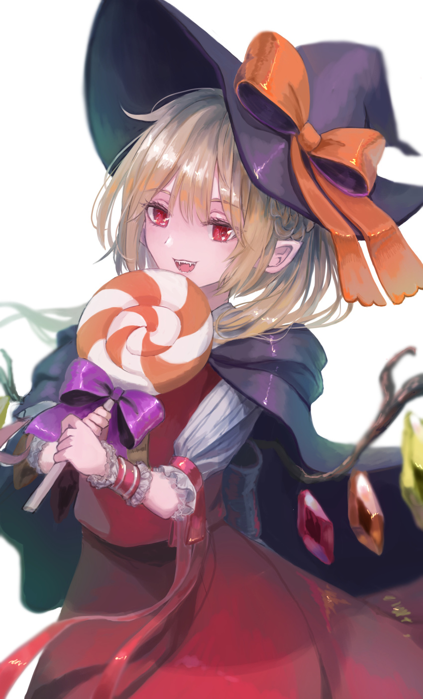 1girl absurdres adapted_costume alternate_headwear ascot back_bow black_bow black_headwear blonde_hair bow candy cowboy_shot crystal fangs flandre_scarlet food halloween hat hat_bow hat_ribbon highres holding holding_candy holding_food holding_lollipop large_hat lollipop medium_hair miltee_(pdfe7528) multicolored_wings open_mouth orange_bow orange_ribbon pointy_ears puffy_short_sleeves puffy_sleeves red_eyes red_ribbon red_skirt red_vest ribbon shirt short_sleeves simple_background skirt skirt_set solo teeth touhou vest white_background white_shirt wings witch_hat wrist_bow wrist_cuffs yellow_ascot