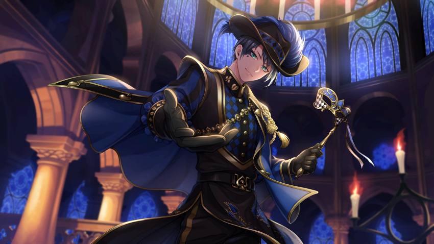 1boy aristocratic_clothes belt black_gloves blue_hair dark_blue_hair deuce_spade game_cg gloves green_eyes hat highres indoors looking_at_viewer mask masquerade_mask official_alternate_costume official_art short_hair solo twisted_wonderland