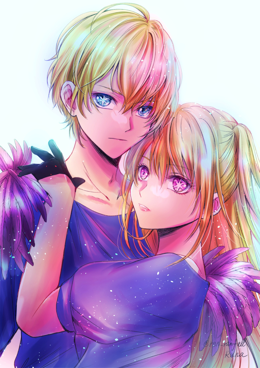 1boy 1girl artist_name blonde_hair blue_eyes blue_shirt brother_and_sister closed_mouth collarbone commentary_request feather-trimmed_sleeves gloves hair_between_eyes half_gloves highres hoshino_aquamarine hoshino_ruby idol_clothes light_particles long_hair looking_at_viewer mismatched_pupils one_side_up oshi_no_ko parted_lips partial_commentary pink_eyes puffy_short_sleeves puffy_sleeves runa_rainfall shirt short_hair short_sleeves siblings sidelocks simple_background star-shaped_pupils star_(symbol) symbol-shaped_pupils twins upper_body white_background
