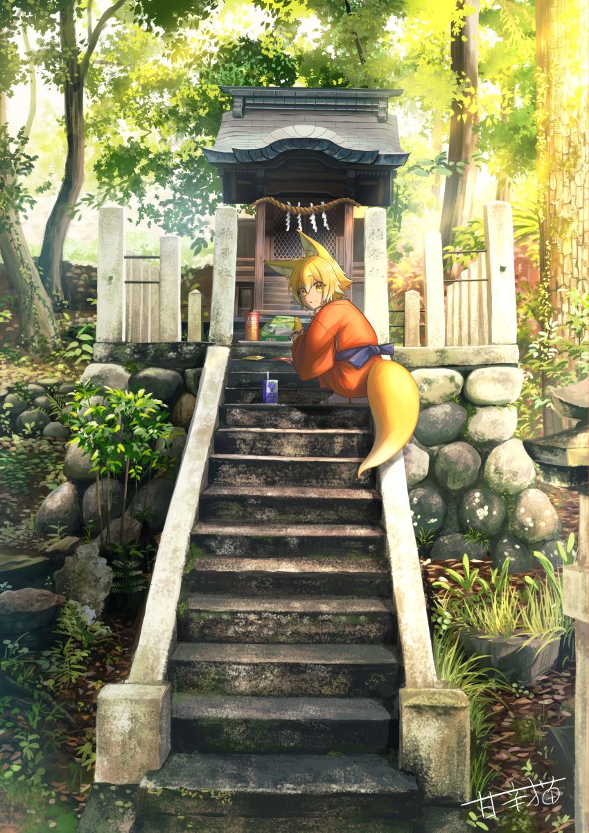 1girl absurdres animal_ears blonde_hair commentary_request day eating fence flipped_hair food food_on_face fox_ears fox_girl fox_tail from_behind grass highres holding holding_food japanese_clothes juice_box kimono long_sleeves looking_at_viewer looking_back obi orange_kimono original outdoors raito_(latek) religious_offering rope sash scenery shide shimenawa shinto short_hair shrine signature snack socks solo squatting stairs surprised tabi tail tree white_socks wide_sleeves yellow_eyes zouri