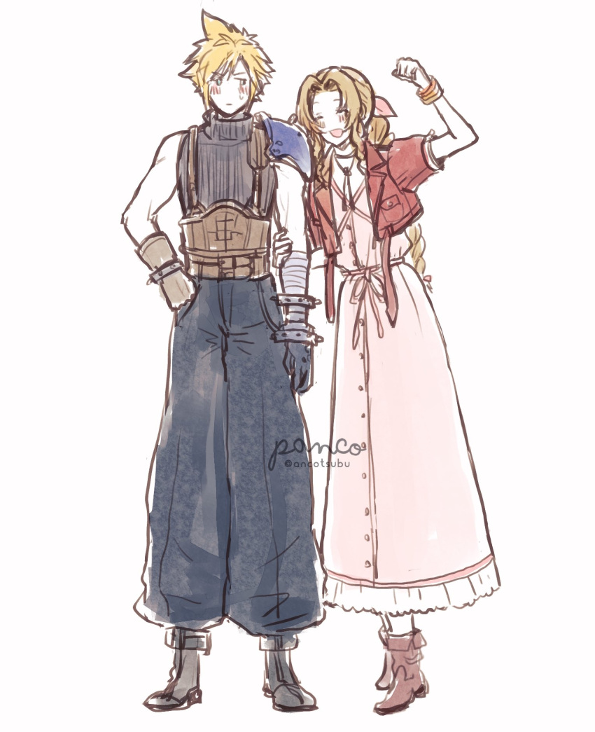 1boy 1girl aerith_gainsborough ancotsubu armor baggy_pants bandaged_arm bandages bangle belt blonde_hair blue_pants blue_shirt blush boots bracelet brown_footwear brown_hair choker closed_eyes cloud_strife cropped_jacket dress final_fantasy final_fantasy_vii final_fantasy_vii_remake flower_choker full_body hand_on_own_hip hand_up highres holding_another's_arm jacket jewelry leather_belt long_dress long_hair multiple_belts open_mouth pants parted_bangs pink_dress red_jacket shirt short_hair short_sleeves shoulder_armor single_bare_shoulder sketch sleeveless sleeveless_turtleneck smile spiky_hair standing sweatdrop turtleneck white_background