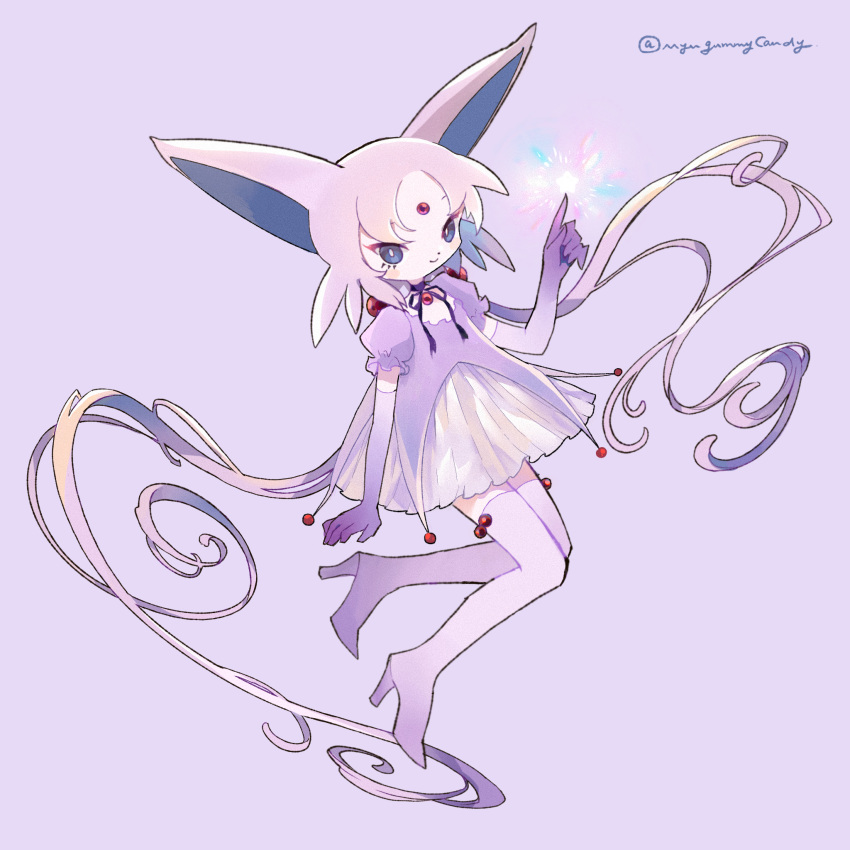 1girl animal_ears beads blue_eyes boots choker dress elbow_gloves espeon floating forehead_jewel full_body gloves hair_bobbles hair_ornament hand_up high_heel_boots high_heels highres index_finger_raised layered_dress long_hair looking_at_viewer low_twintails myu_(3u_gumi) parted_bangs personification pokemon puffy_short_sleeves puffy_sleeves purple_background purple_dress purple_footwear purple_gloves purple_hair short_dress short_sleeves sidelocks simple_background smile solo thigh_boots twintails twitter_username very_long_hair white_dress zettai_ryouiki