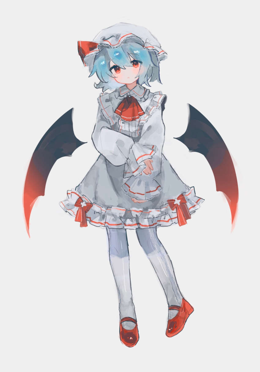 1girl adapted_costume bat_wings black_wings blue_hair blush chicachang closed_mouth detached_wings dress frilled_dress frilled_shirt_collar frills full_body hair_between_eyes hat head_tilt highres long_sleeves looking_at_viewer mary_janes mob_cap no_nose pantyhose puffy_long_sleeves puffy_sleeves red_eyes red_footwear remilia_scarlet shoes short_hair simple_background solo standing touhou white_background white_dress white_headwear white_pantyhose wings