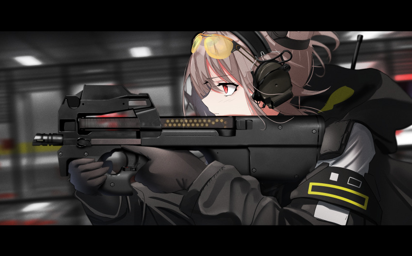 1girl absurdres black_gloves black_jacket blurry blurry_background border brown_hair bullpup closed_mouth earmuffs eyewear_on_head from_side girls_frontline gloves gun highres holding holding_gun holding_weapon indoors jacket letterboxed long_sleeves p90 p90_(girls'_frontline) red_eyes rynn_(rynn_cube) shooting_glasses solo submachine_gun tinted_eyewear weapon yellow-tinted_eyewear