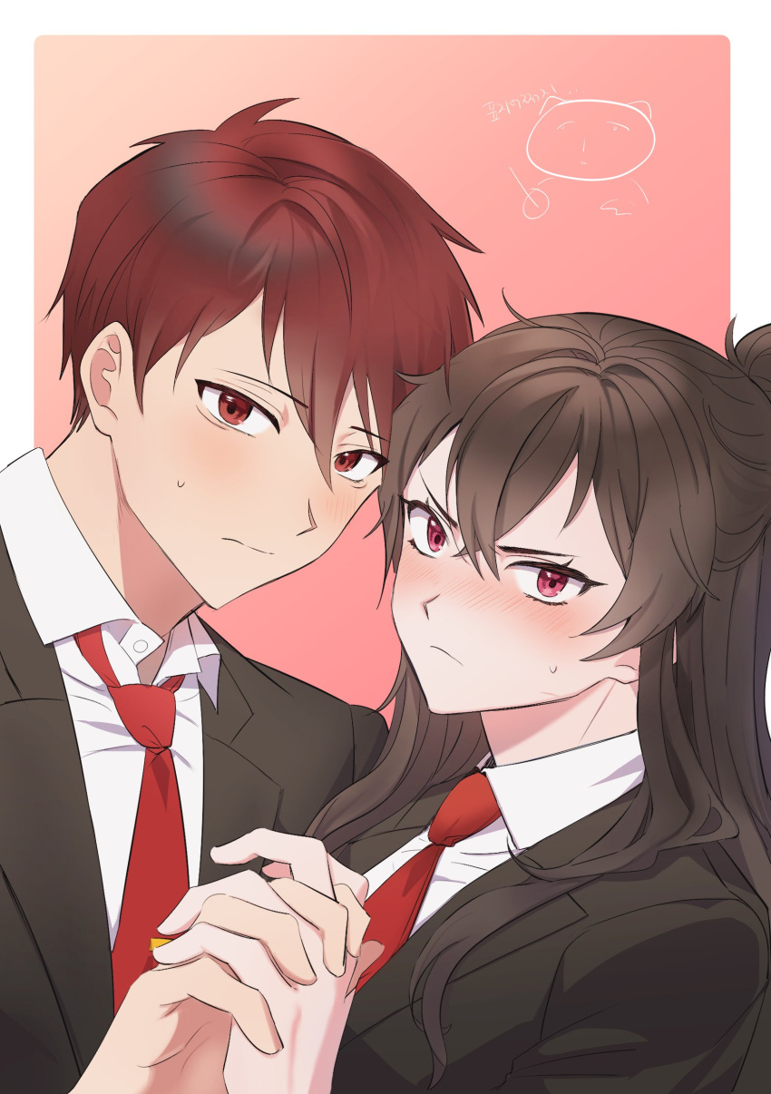 1boy 1girl absurdres black_jacket blush brown_hair closed_mouth collared_shirt frown highres holding_hands jacket jajeon_liu library_of_ruina long_hair long_sleeves looking_at_viewer lowell_(library_of_ruina) necktie project_moon red_eyes red_necktie redhead shirt sweat upper_body very_long_hair white_shirt wing_collar xiao_(library_of_ruina)