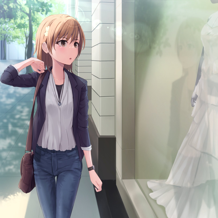1girl bag black_jacket brown_bag brown_eyes brown_hair clothes_shop commentary_request commission denim dress dress_shirt hand_up handbag highres jacket jeans jewelry k3rd long_sleeves misaka_mikoto necklace open_clothes open_jacket open_mouth outdoors pants reflection shirt short_hair skeb_commission solo toaru_kagaku_no_railgun toaru_majutsu_no_index tree watch watch wedding_dress white_shirt