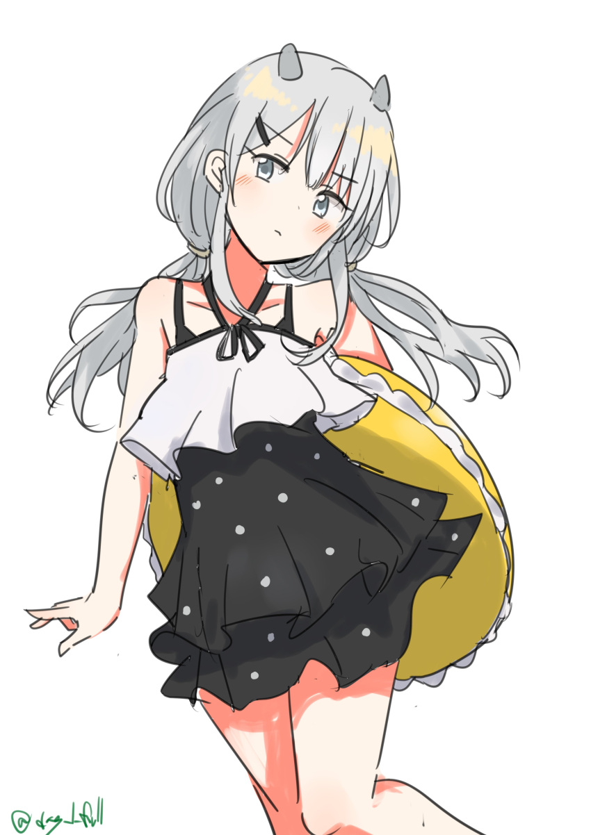 1girl absurdres black_dress black_one-piece_swimsuit casual_one-piece_swimsuit dress fake_horns feet_out_of_frame frilled_skirt frills grey_eyes grey_hair hair_ornament hairclip highres horned_headwear horns i-201_(kancolle) kantai_collection long_hair official_alternate_costume one-hour_drawing_challenge one-piece_swimsuit robinson_(day_l_full) simple_background skirt solo swimsuit swimsuit_skirt twitter_username white_background yellow_innertube