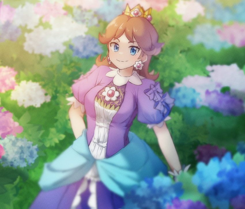 1girl absurdres alternate_color blue_eyes blue_flower bow brown_hair crown dress earrings eyelashes flipped_hair flower flower_earrings gloves hand_on_own_hip highres hydrangea jewelry long_hair misowhite pink_flower player_2 princess_daisy puffy_short_sleeves puffy_sleeves purple_bow purple_dress purple_flower short_hair short_sleeves sleeve_bow smile super_mario_bros. super_smash_bros. white_flower white_gloves