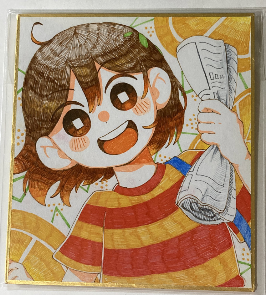 1boy 720m_orange blush brown_eyes brown_hair highres holding holding_newspaper kel_(omori) looking_at_viewer newspaper omori open_mouth red_shirt rolled_up_newspaper shirt short_hair short_sleeves smile solo striped striped_shirt teeth tongue upper_body upper_teeth_only yellow_shirt