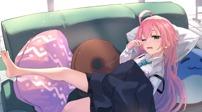 1girl absurdres ahoge barefoot black_skirt blue_archive blue_eyes blue_necktie clothes_blanket collared_shirt couch fang feet halo highres hoshino_(blue_archive) id_card indoors kuro_shiraga legs long_hair looking_at_viewer lying necktie on_back one_eye_closed open_mouth pillow pink_hair rubbing_eyes shirt skin_fang skirt soles solo toes white_shirt