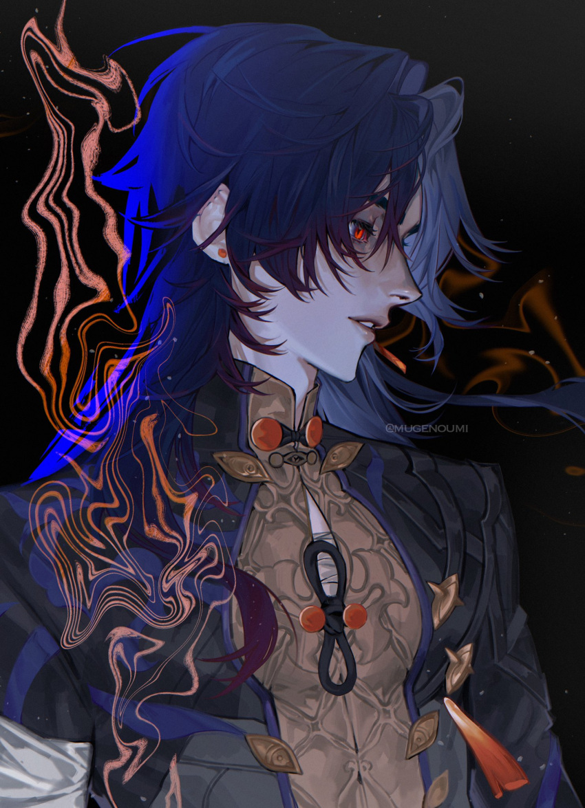 1boy artist_name black_background black_coat blade_(honkai:_star_rail) blue_hair chinese_clothes coat earrings from_side gradient_hair hair_between_eyes highres honkai:_star_rail honkai_(series) jewelry long_hair long_sleeves looking_to_the_side male_focus mandarin_collar multicolored_hair open_clothes open_coat parted_lips purple_hair red_eyes sarashi shirt simple_background single_earring solo tassel upper_body yellow_shirt yoonmiumi