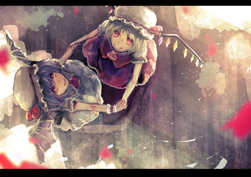2girls ascot bat_wings blonde_hair brown_background clip_studio_paint_(medium) flandre_scarlet from_above hair_between_eyes hat hat_ribbon highres holding_hands interlocked_fingers looking_at_viewer looking_up misaki_nonaka mob_cap multicolored_wings multiple_girls open_mouth puffy_short_sleeves puffy_sleeves red_eyes red_ribbon red_skirt red_vest remilia_scarlet ribbon shirt short_sleeves simple_background skirt teeth touhou vest white_headwear white_shirt wings wrist_cuffs