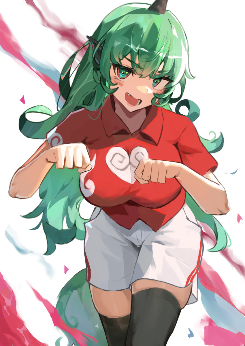 1girl black_thighhighs breasts clenched_hands collared_shirt commentary english_commentary green_eyes green_hair heart heart_print highres horns komano_aunn large_breasts long_hair looking_at_viewer open_mouth red_shirt shirt short_sleeves shorts single_horn solo teasmacker thigh-highs touhou white_background white_shorts