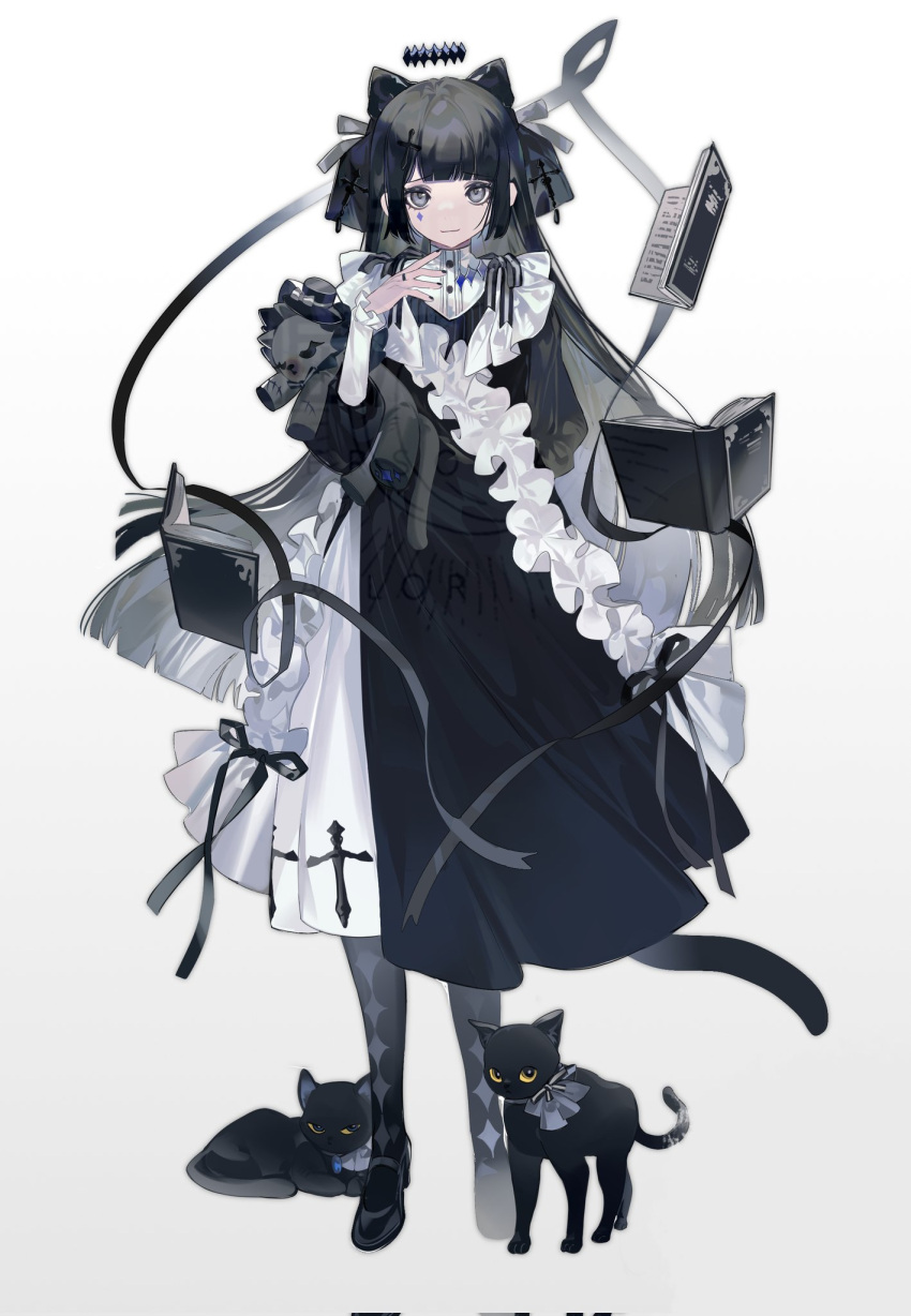 1girl animal_ears black_dress black_eyes black_hair black_nails black_ribbon book cat cat_ears cat_tail checkered_socks closed_mouth doll dress floating floating_book floating_object gillannn grey_background hair_between_eyes hair_ornament hairclip highres light_smile long_hair long_sleeves looking_at_viewer nail_polish original ribbon sidelocks simple_background smile solo standing stuffed_toy tail watermark