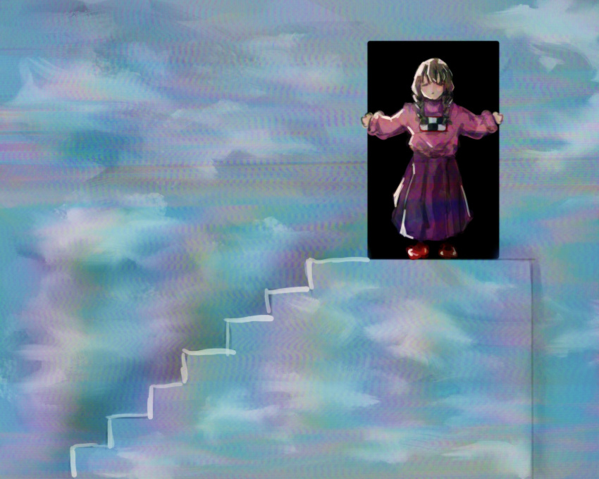 1girl :/ alternate_skirt_length asymmetrical_bangs blue_sky blush braid brown_hair closed_eyes closed_mouth cloud_print clouds danazunn doorway facing_viewer glitch hands_up high-waist_skirt highres long_hair long_skirt long_sleeves madotsuki no_nose outstretched_arms pink_sweater pleated_skirt puffy_long_sleeves puffy_sleeves purple_skirt red_footwear scene_reference shoes skirt sky sky_print solo spread_arms stairs standing surreal sweater the_truman_show turtleneck turtleneck_sweater twin_braids twintails vhs_artifacts wall wide_shot yume_nikki