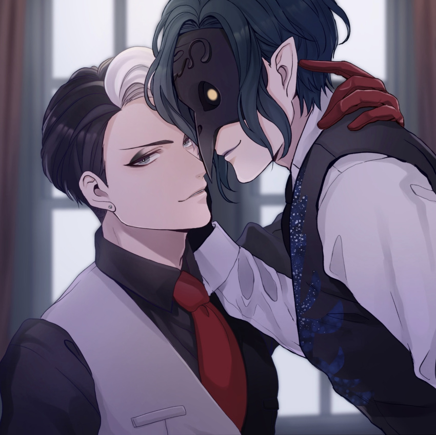 2boys black_hair black_vest dire_crowley divus_crewel earrings eyeshadow gloves grey_eyes hand_on_another's_cheek hand_on_another's_face highres indoors jewelry makeup male_focus mask minatoya_mozuku multiple_boys necktie pointy_ears red_gloves red_necktie smile stud_earrings twisted_wonderland two-tone_vest upper_body vest white_hair yellow_eyes