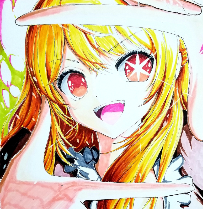 1girl :d blonde_hair collar commentary finger_frame frilled_collar frills hair_between_eyes highres hoshino_ruby long_hair looking_at_viewer marker_(medium) no_pupils open_mouth oshi_no_ko portrait red_eyes sidelocks smile solo star-shaped_pupils star_(symbol) symbol-shaped_pupils teeth traditional_media upper_teeth_only urumashi-03301980