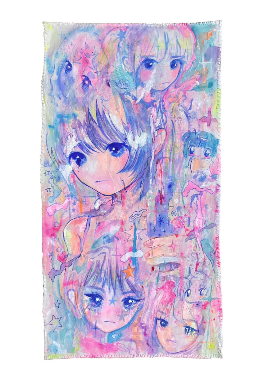 6+girls acrylic_paint_(medium) bare_shoulders blue_eyes blue_hair chibi closed_mouth commentary highres looking_at_viewer multiple_girls original painting_(medium) short_hair spaghetti_strap sparkle star_(symbol) tagme traditional_media yuuutu_666