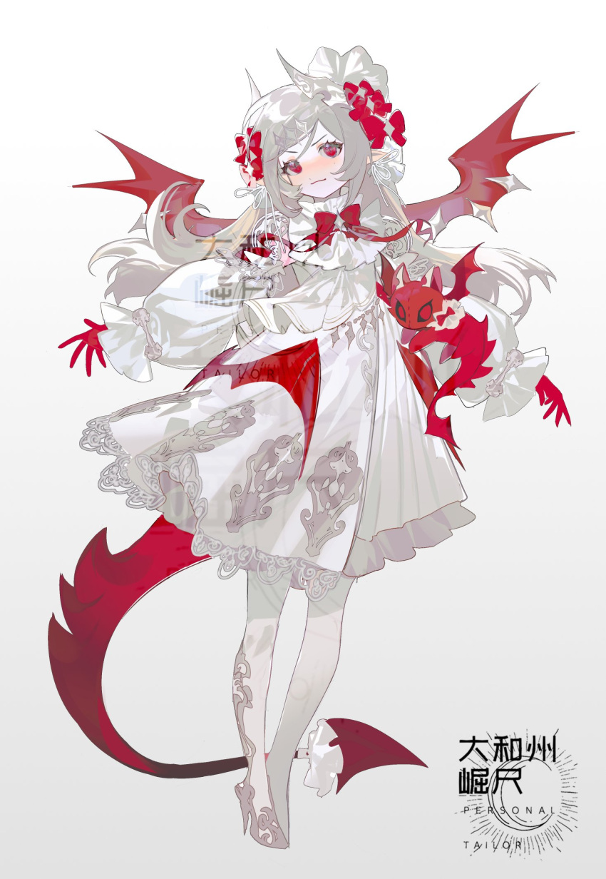 1girl black_gloves boots bow bowtie closed_mouth dragon dragon_tail dragon_wings dress gillannn gloves grey_background grey_hair hair_between_eyes hair_ornament hair_ribbon high_heels highres horns light_blush long_hair long_sleeves looking_at_viewer original patterned_clothing pointy_ears red_eyes red_gloves red_ribbon red_wings ribbon sidelocks simple_background smile solo standing tail watermark white_dress wings