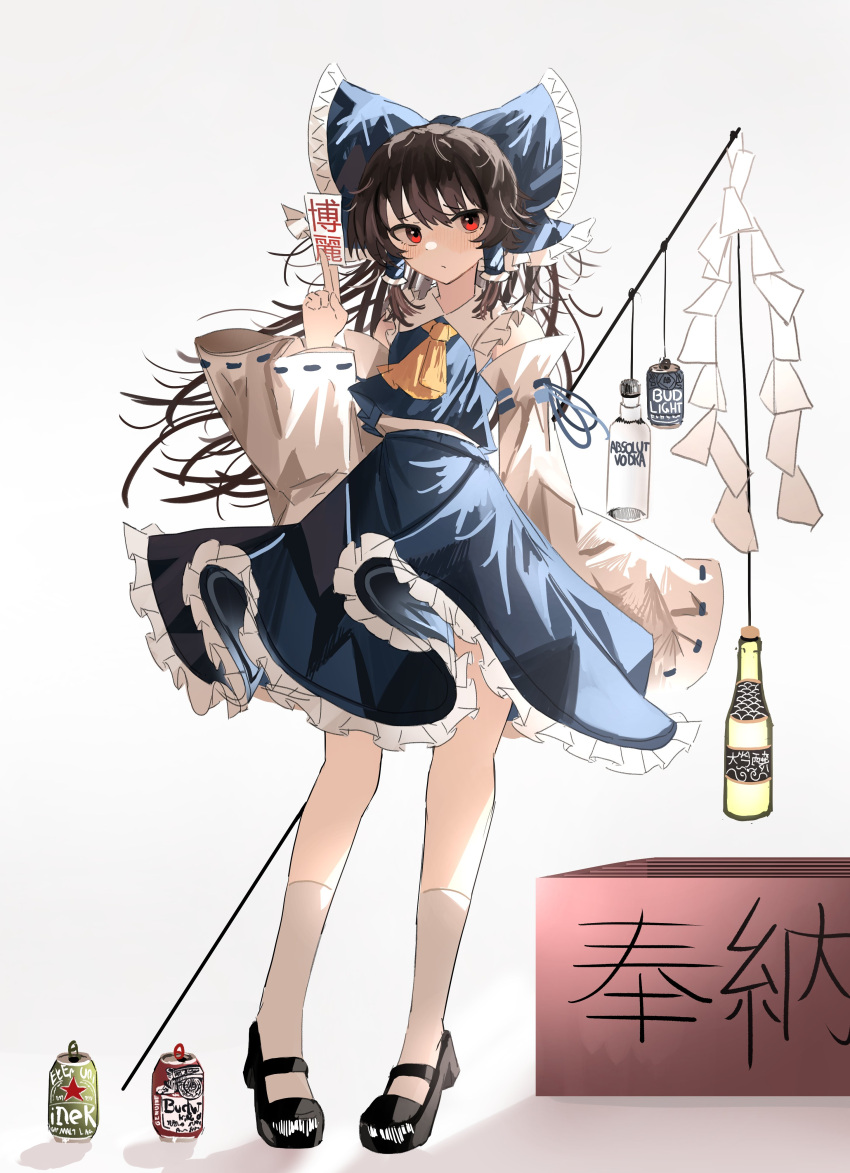 1girl absurdres alcohol alternate_color ascot bare_shoulders between_fingers blue_bow blue_skirt blue_vest bow commentary detached_sleeves english_commentary full_body hair_bow hakurei_reimu hand_up highres holding long_sleeves ofuda ougiikun player_2 simple_background skirt skirt_set sleeves_past_fingers sleeves_past_wrists solo standing tiptoes touhou vest vodka white_background wide_sleeves yellow_ascot