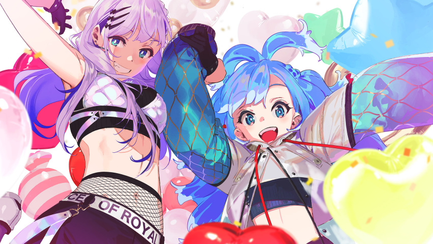 2girls arms_up balloon belly black_gloves blue_eyes blue_hair breasts candy colorful earrings fishnet_thighhighs fishnets food gloves grey_jacket grin hair_between_eyes hair_ornament hairclip happy heart_balloon highres hololive hololive_indonesia jacket jewelry jumping kobo_kanaeru_(1st_costume) long_hair long_sleeves looking_at_viewer medium_breasts multicolored_background multiple_girls open_mouth pako_(pakosun) parted_bangs pavolia_reine_(3rd_costume) purple_hair sidelocks sleeveless smile thigh-highs upper_body