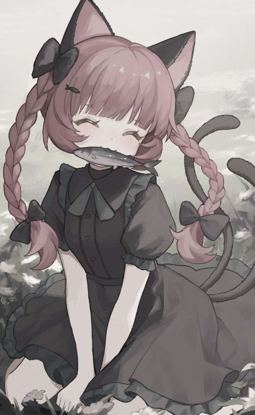 1girl :3 ^_^ adapted_costume animal_ears between_legs black_bow blunt_bangs bow breasts buttons cat_ears cat_tail closed_eyes commentary fish fish_hair_ornament flower frilled_shirt_collar frills grey_background hair_bow hair_ornament hand_between_legs heart_button highres kaenbyou_rin long_hair mouth_hold multiple_tails nekomata outdoors puffy_short_sleeves puffy_sleeves rcs_4 short_sleeves sitting small_breasts solo tail touhou two_tails v_arms very_long_hair wariza white_flower