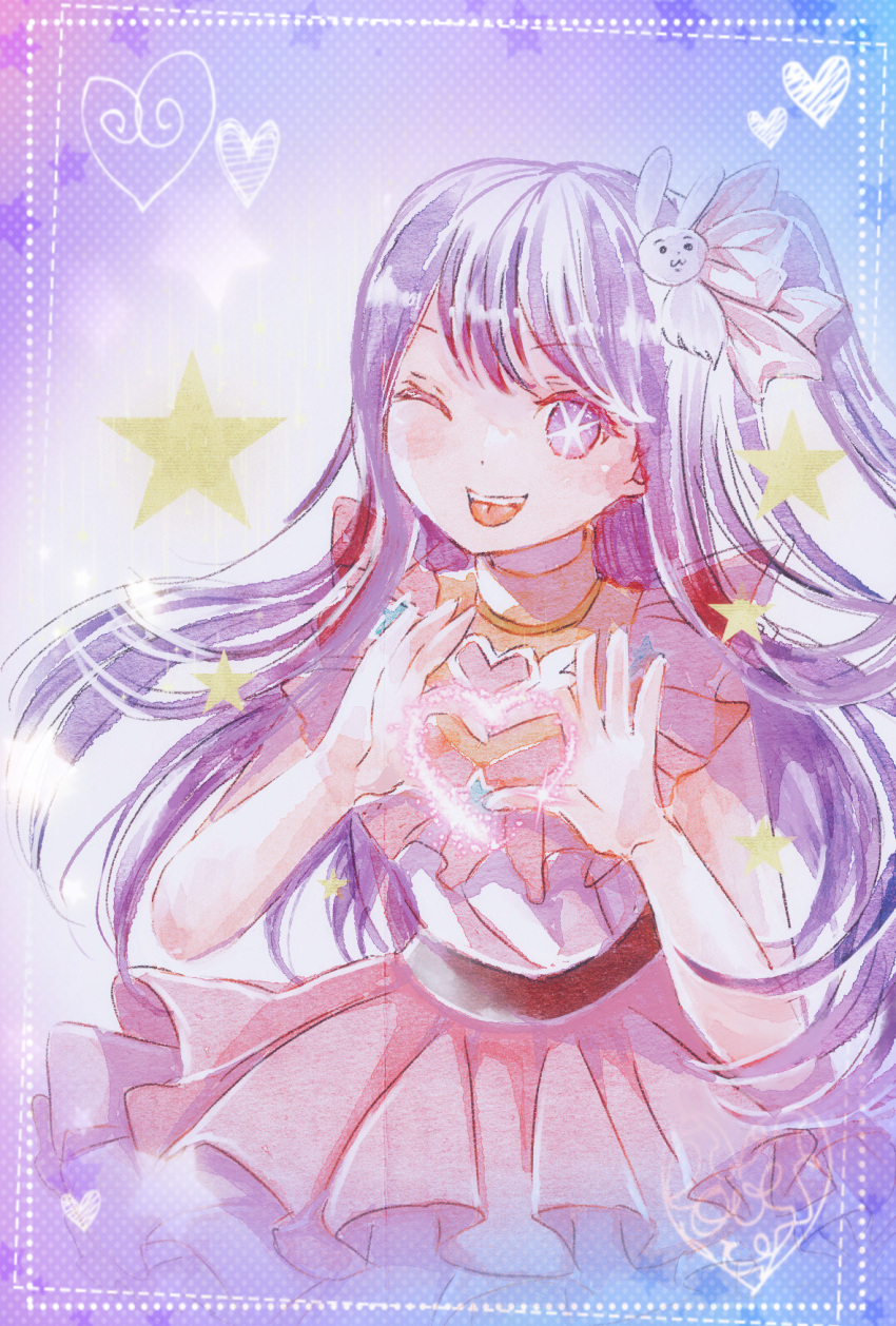 1girl ;p blush brooch commentary cowboy_shot dress frilled_dress frills hair_ornament hair_ribbon heart heart_brooch heart_hands highres hoshino_ai_(oshi_no_ko) hotori_chamura idol idol_clothes jewelry long_hair looking_at_viewer one_eye_closed one_side_up open_mouth oshi_no_ko pink_dress pink_ribbon rabbit_hair_ornament ribbon screentones solo star-shaped_pupils star_(symbol) swept_bangs symbol-shaped_pupils teeth tongue tongue_out turtleneck_dress violet_eyes