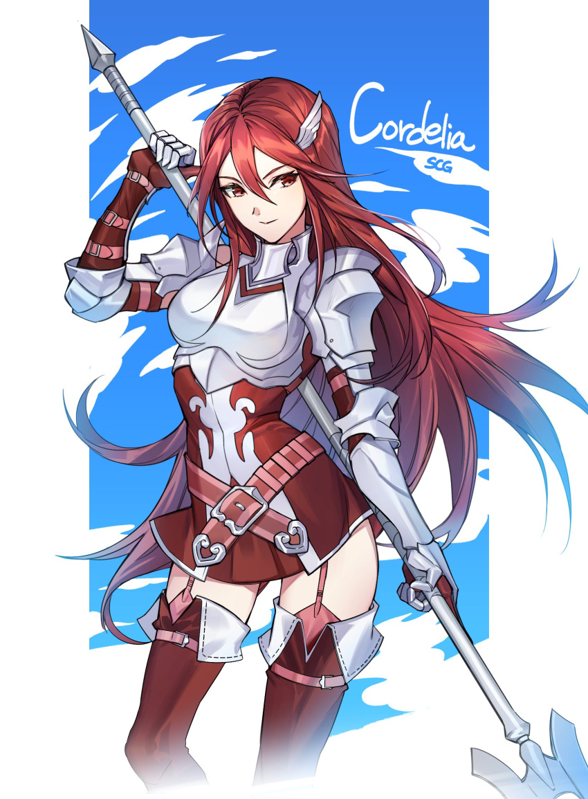 1girl armor armored_dress belt belt_buckle breastplate buckle character_name closed_mouth commentary cordelia_(fire_emblem) crossed_belts dress fire_emblem fire_emblem_awakening garter_straps gauntlets hair_between_eyes hair_ornament highres holding holding_polearm holding_weapon long_hair pink_belt polearm red_dress red_eyes redhead shoulder_armor silvercandy_gum smile solo spear very_long_hair weapon wing_hair_ornament