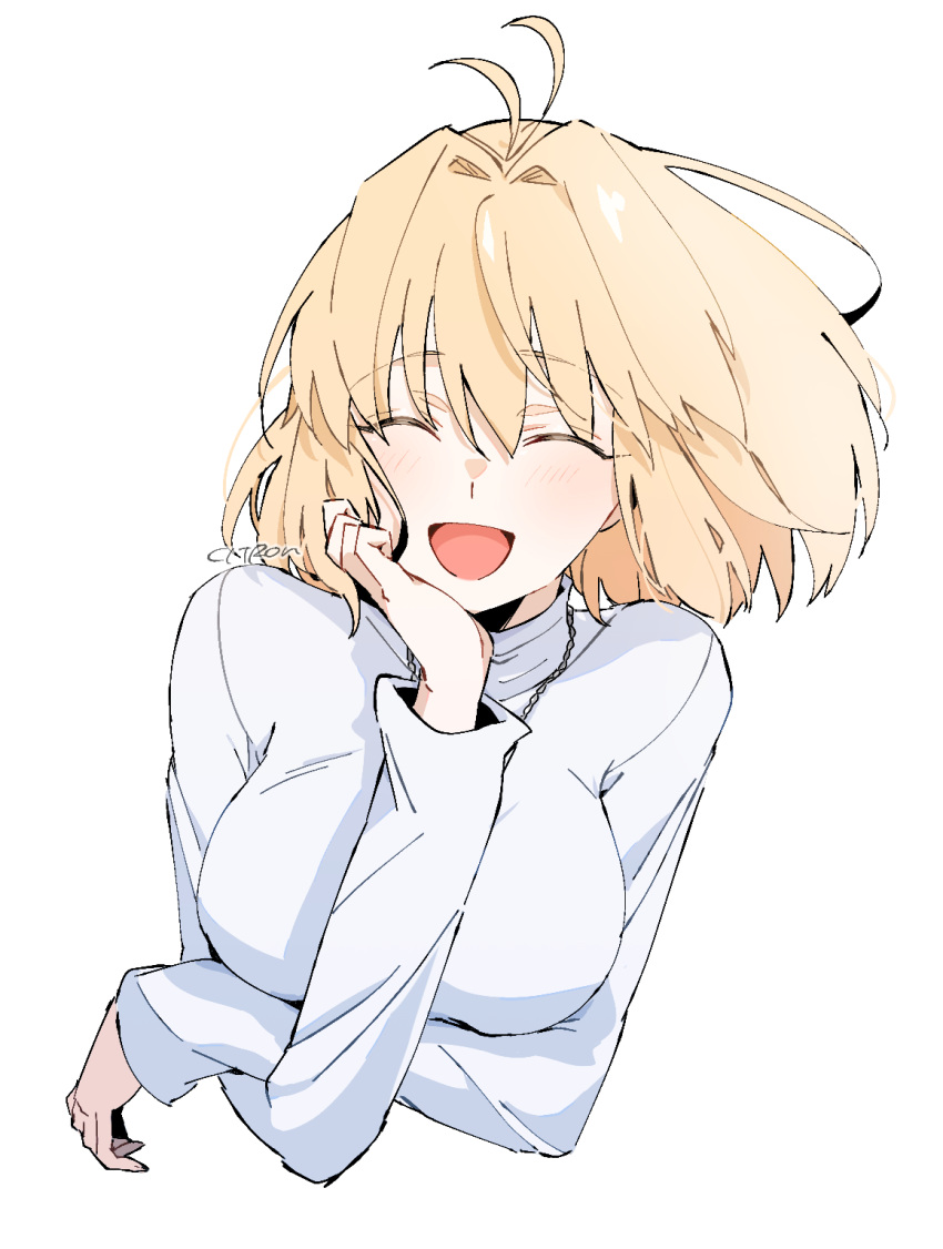 1girl :d ^_^ ahoge arcueid_brunestud arm_up artist_name blonde_hair blush breasts citron80citron closed_eyes crossed_arms facing_viewer hair_between_eyes hair_intakes head_rest highres large_breasts long_sleeves open_mouth short_hair signature simple_background smile solo sweater tsukihime turtleneck turtleneck_sweater upper_body white_background white_sweater
