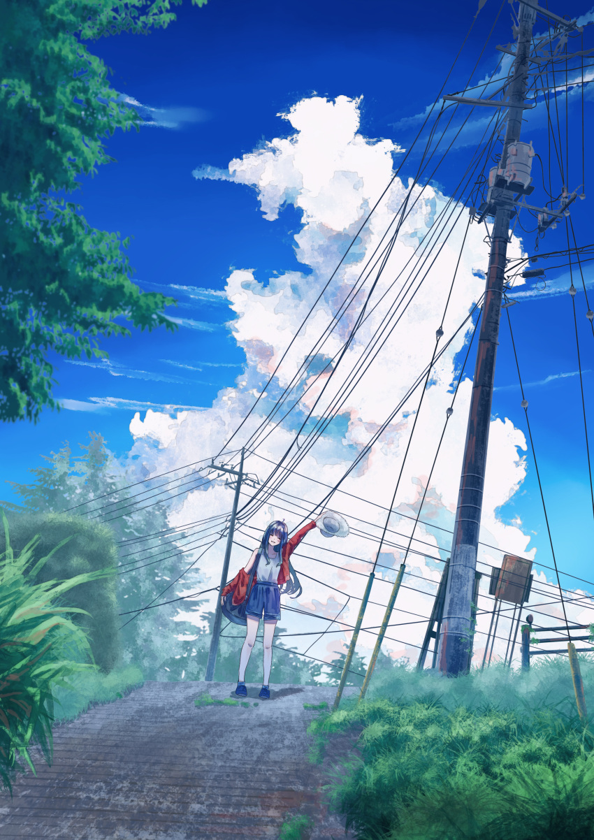1girl absurdres arm_up blue_shorts blue_sky clouds cumulonimbus_cloud day grass hat highres holding holding_clothes holding_hat jacket kantai_collection kumagaya_nono long_hair looking_at_viewer natsugumo_(kancolle) outdoors power_lines railing red_jacket rural scenery shirt shorts sky smile solo stairs standing summer tree utility_pole waving white_headwear white_shirt