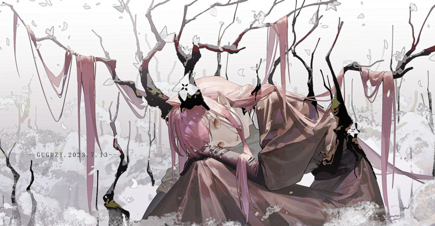 1girl armored_gloves artist_name branch dress falling_petals flower gloves guguzi hair_between_eyes highres horns long_dress long_hair looking_at_viewer original pale_skin parted_lips petals pink_dress pink_hair pointy_ears sidelocks simple_background sitting solo traditional_clothes tree white_flower white_petals yellow_eyes