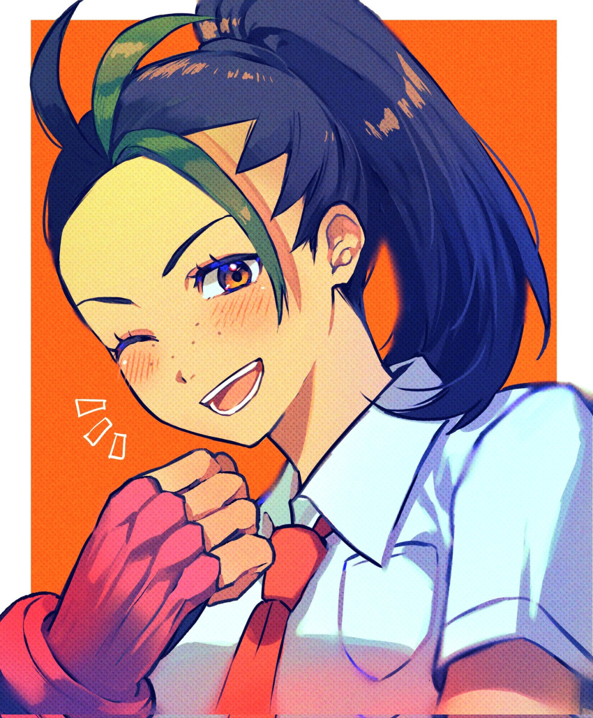 1girl black_hair blush border breast_pocket clenched_hand collared_shirt commentary fingerless_gloves gloves green_hair hand_up highres kinomi_3030 looking_at_viewer multicolored_hair necktie nemona_(pokemon) notice_lines one_eye_closed open_mouth orange_eyes outside_border pocket pokemon pokemon_(game) pokemon_sv ponytail red_gloves red_necktie shirt short_sleeves solo streaked_hair teeth two-tone_hair upper_body white_border white_shirt