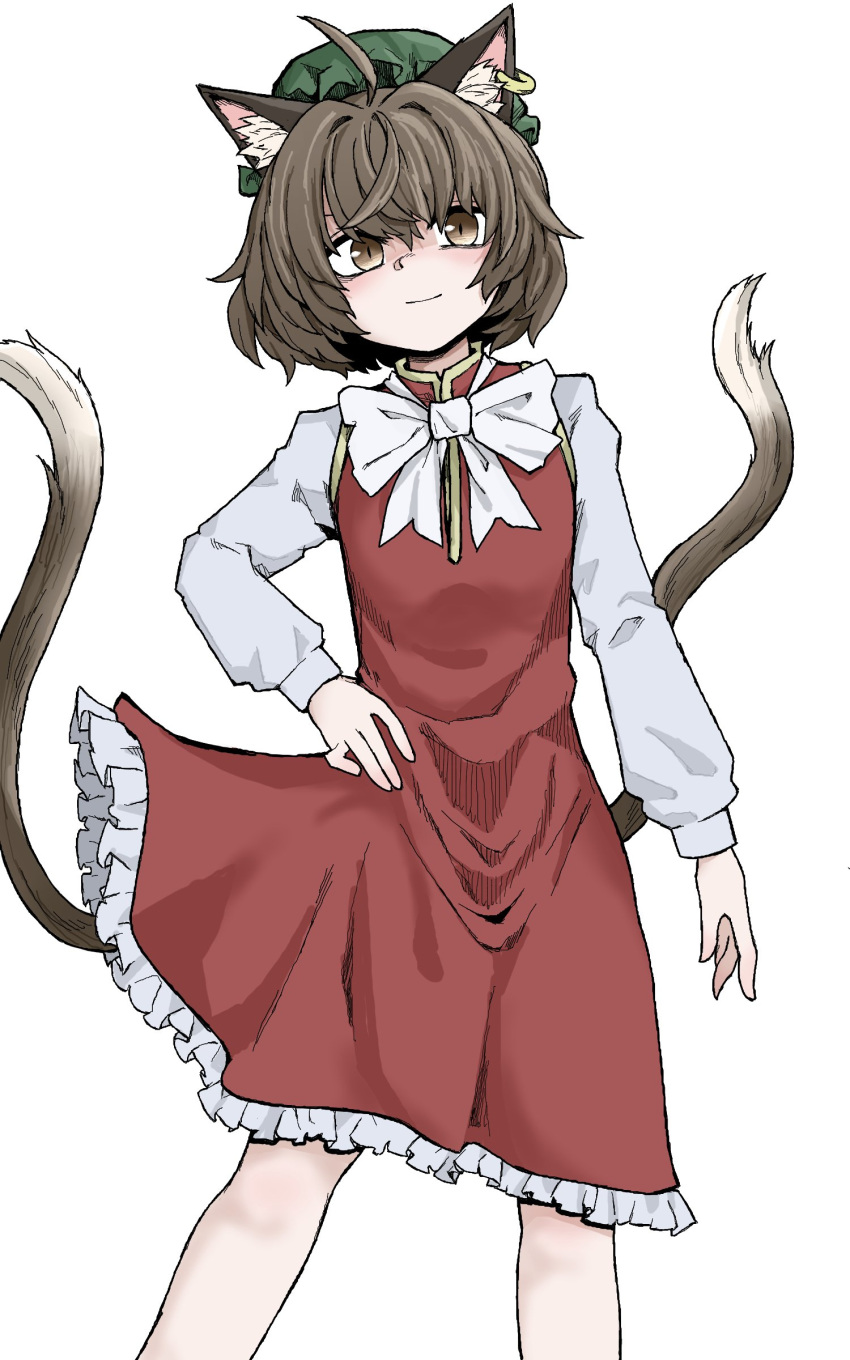 1girl absurdres ahoge animal_ear_fluff animal_ears blush bow bowtie brown_eyes brown_hair cat_ears cat_tail chen closed_mouth commentary_request contrapposto earrings eyebrows_hidden_by_hair fe_(tetsu) feet_out_of_frame flat_chest gold_trim hair_between_eyes hand_on_own_hip hat highres jewelry light_smile long_sleeves looking_at_viewer mob_cap multiple_tails nekomata short_hair simple_background single_earring slit_pupils solo straight-on tail touhou two_tails white_background white_bow white_bowtie